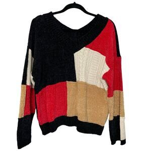 Pol Pullover Sweater Cable Knit V-Neck Long Sleeve Color Block Black Red Brown S